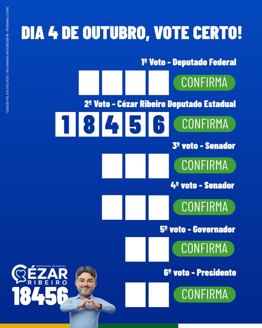 Peça de campanha mostrando a ordem de votação na urna: o segundo voto é para deputado estadual, número 18456